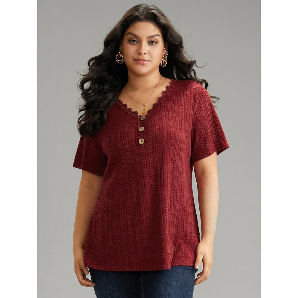 Plus Size Lace Trim Plisse Button Detail T-shirt Burgundy Women Casual Texture Plain V-neck Everyday T-shirts BloomChic 10/M Product Image