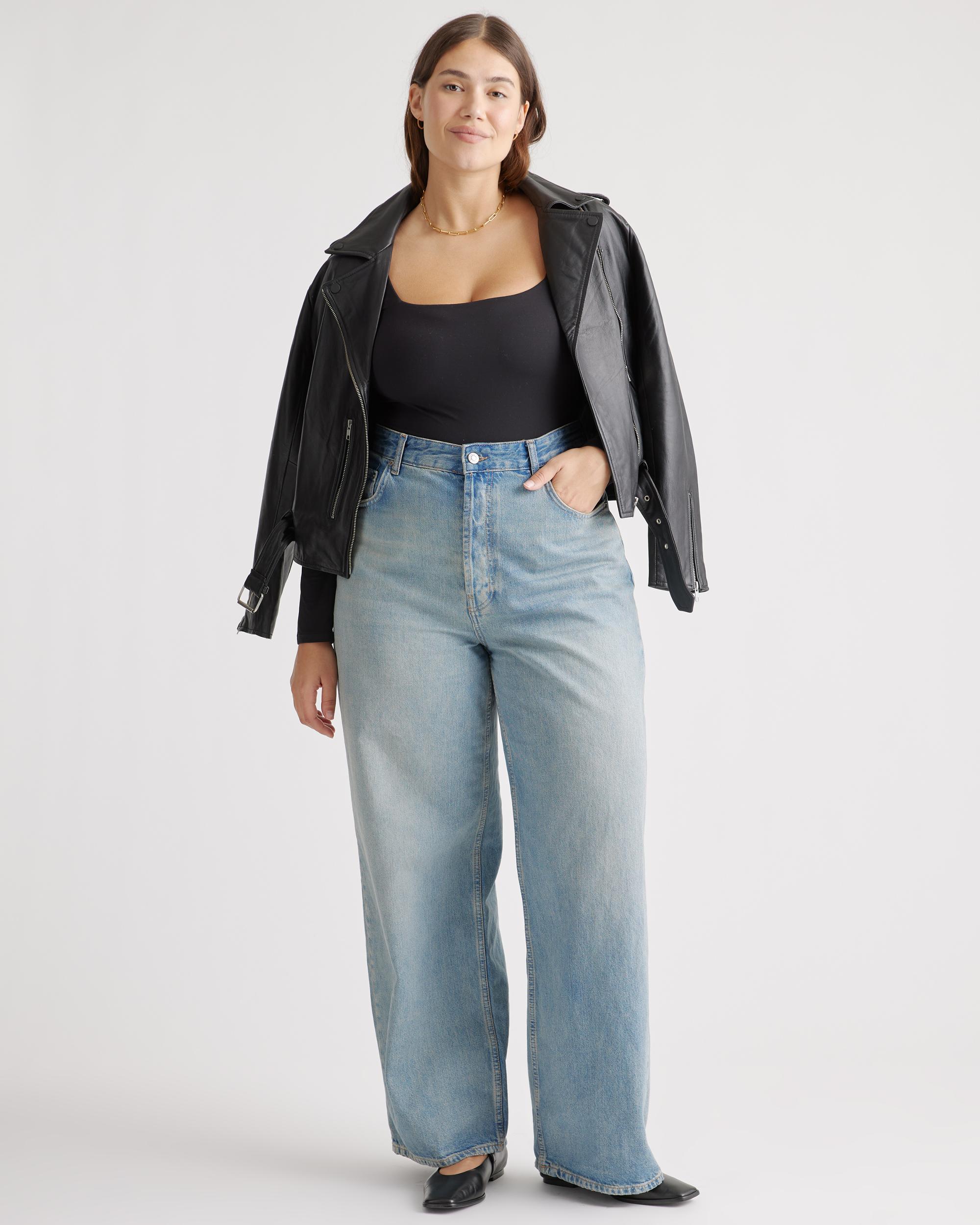 Quince | Women's Second Skin Square Neck Long Sleeve Bodysuit Size XL, Nylon/Spandex Product Image