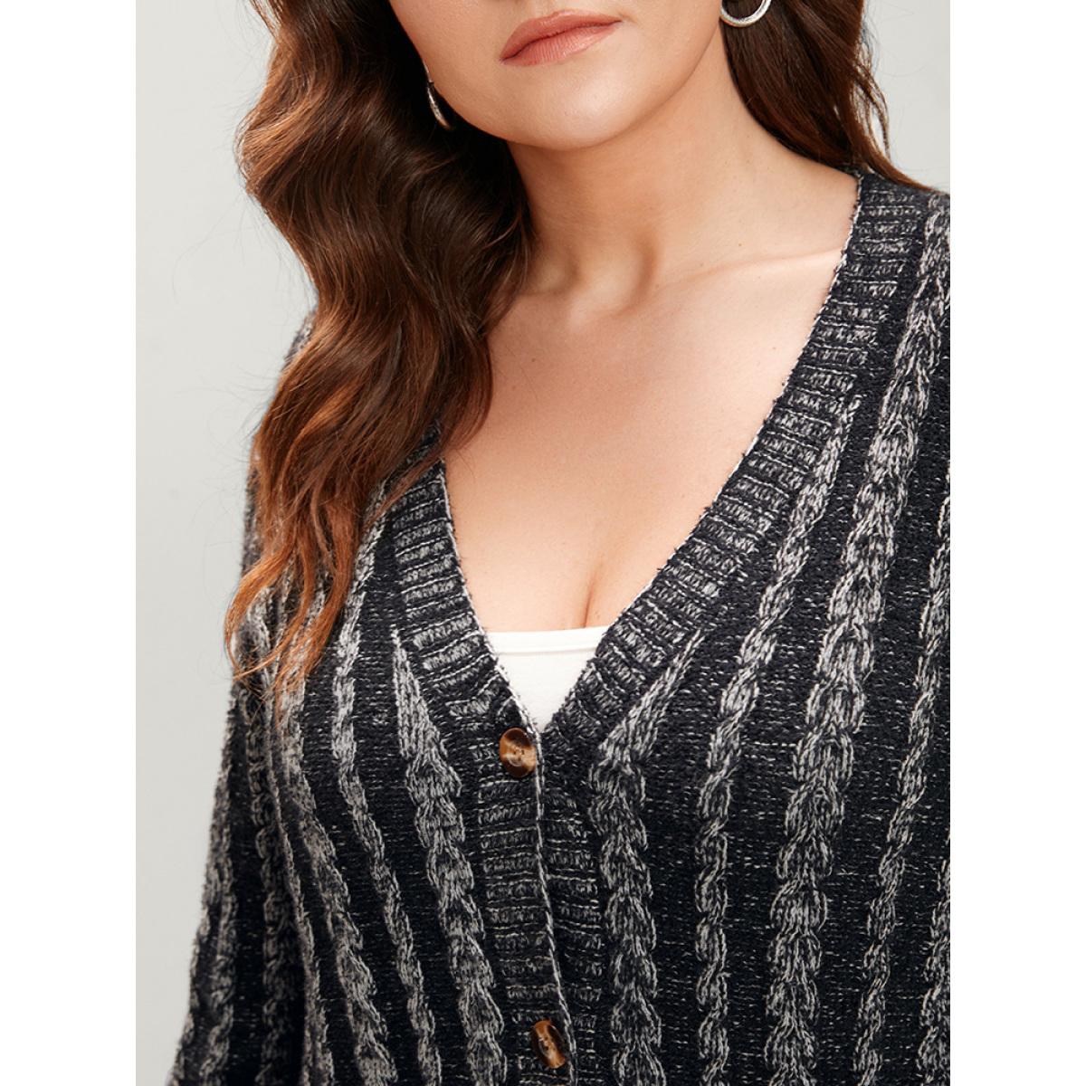 Plus Size Striped Contrast Pointelle Knit Pocket Button Front Heather Cardigan DimGray Women Casual Loose Long Sleeve Everyday Cardigans BloomChic 14-16/1X Product Image