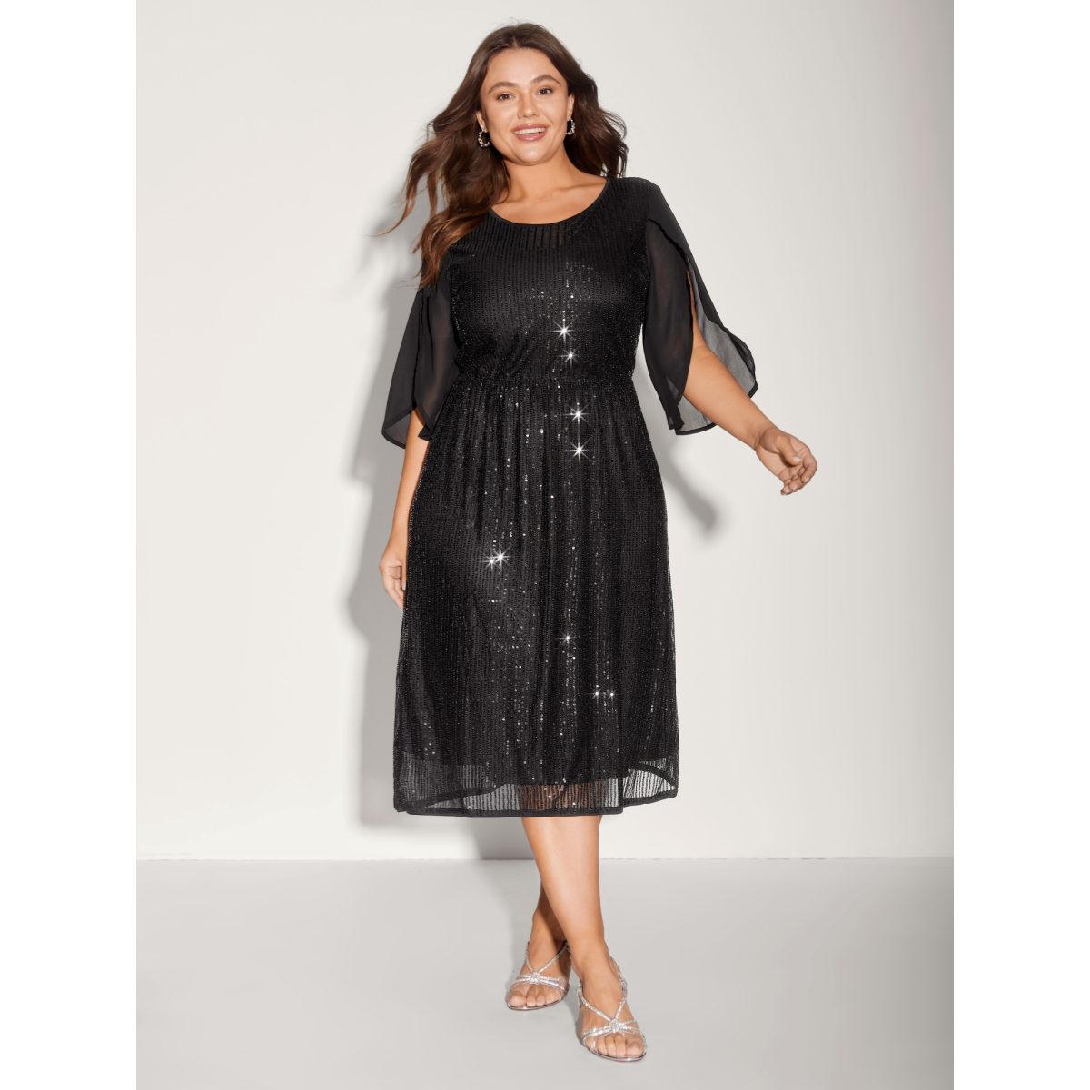 Plus Size Sequin Mesh Patchwork Petal Sleeve Dress Pureblack Women Party&Cocktail Overlapping Party Curvy Bloomchic 18-20/2X Product Image