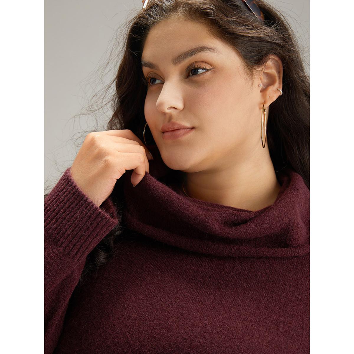 Plus Size Anti-Pilling Split Side Turtle Neck Pullover Burgundy Women Casual Loose Long Sleeve Lapel Collar Everyday Pullovers BloomChic 28/5X Product Image