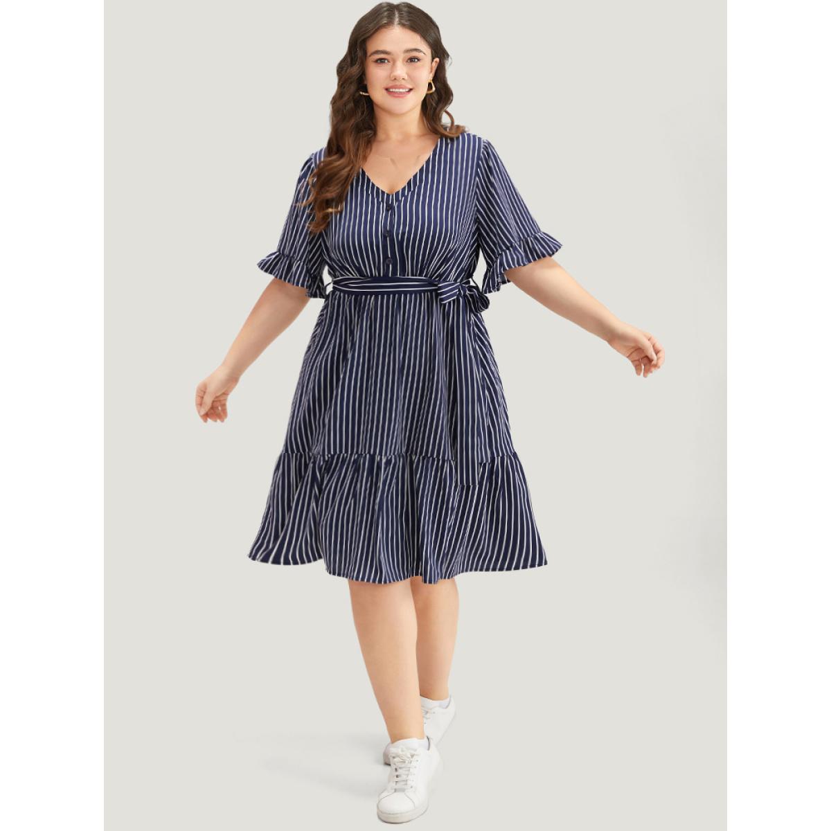 Plus Size Striped Belted Button Detail Flutter Sleeve Dress DarkBlue Women Casual Belted V-neck Short sleeve Curvy Midi Dress BloomChic 22-24/3X Product Image