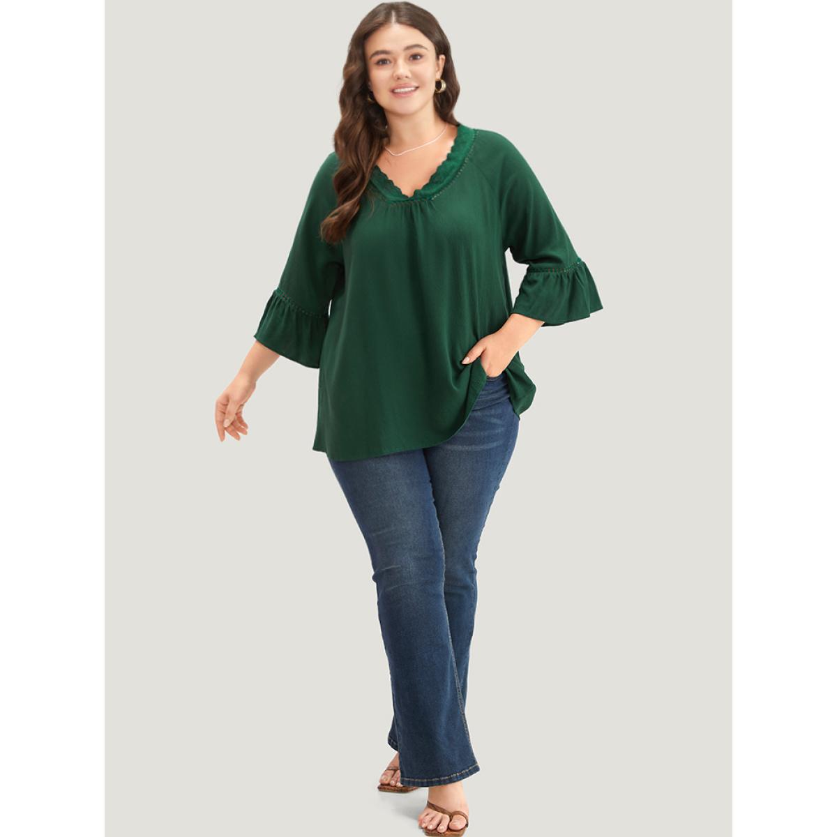Plus Size Emerald Lace Panel Hollow Out Bell Sleeve Blouse Women Elegant Elbow-length sleeve V-neck Everyday Blouses BloomChic 30/6X Product Image