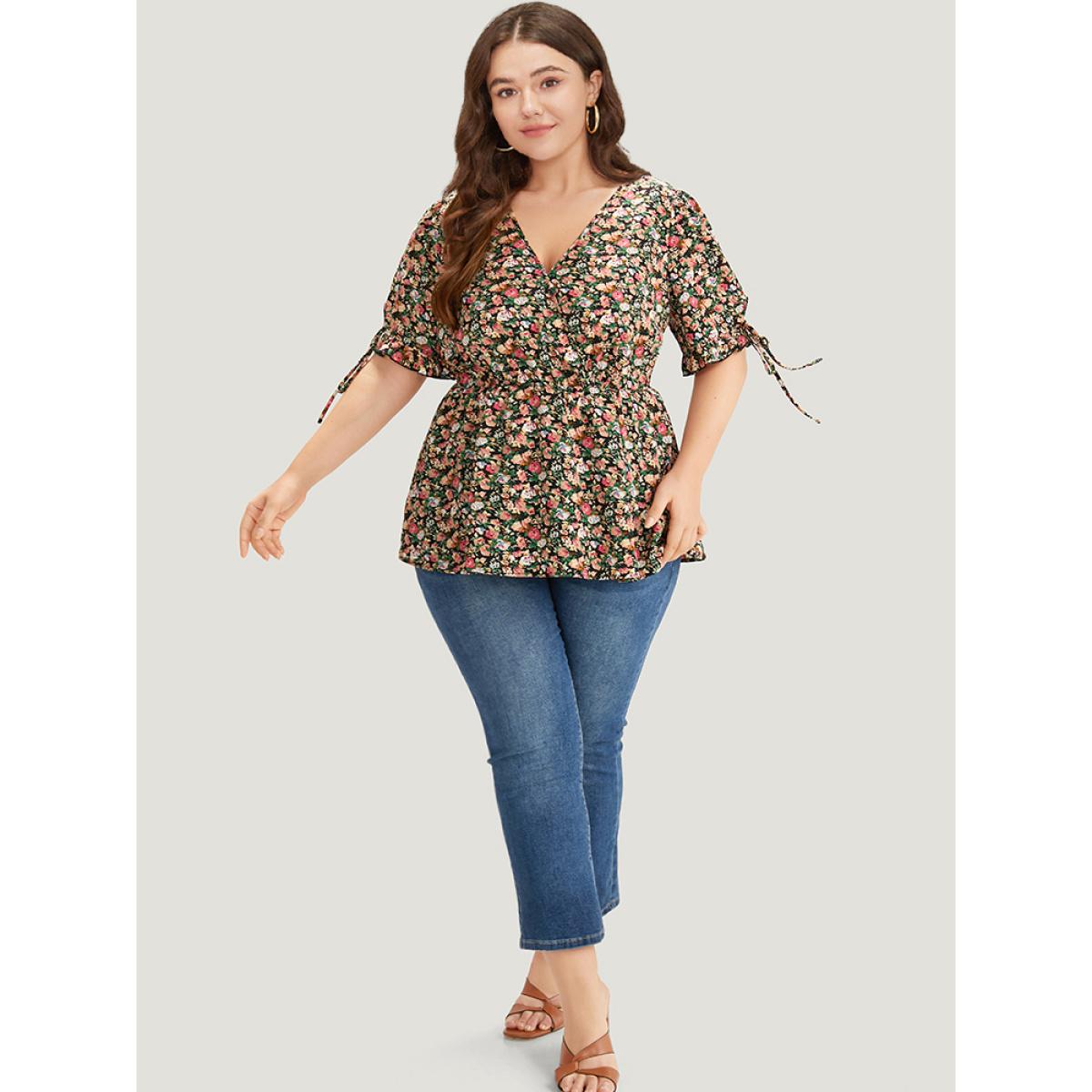 Plus Size Black Ditsy Floral Wrap Ties Gathered Ruffle Hem Blouse Women Elegant Short sleeve V-neck Dailywear Blouses BloomChic 18-20/2X Product Image