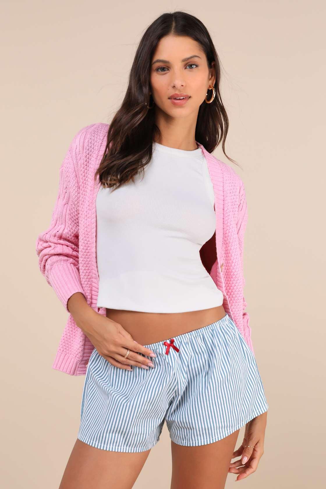 Rata Blue and White Striped Cotton Poplin Shorts Product Image