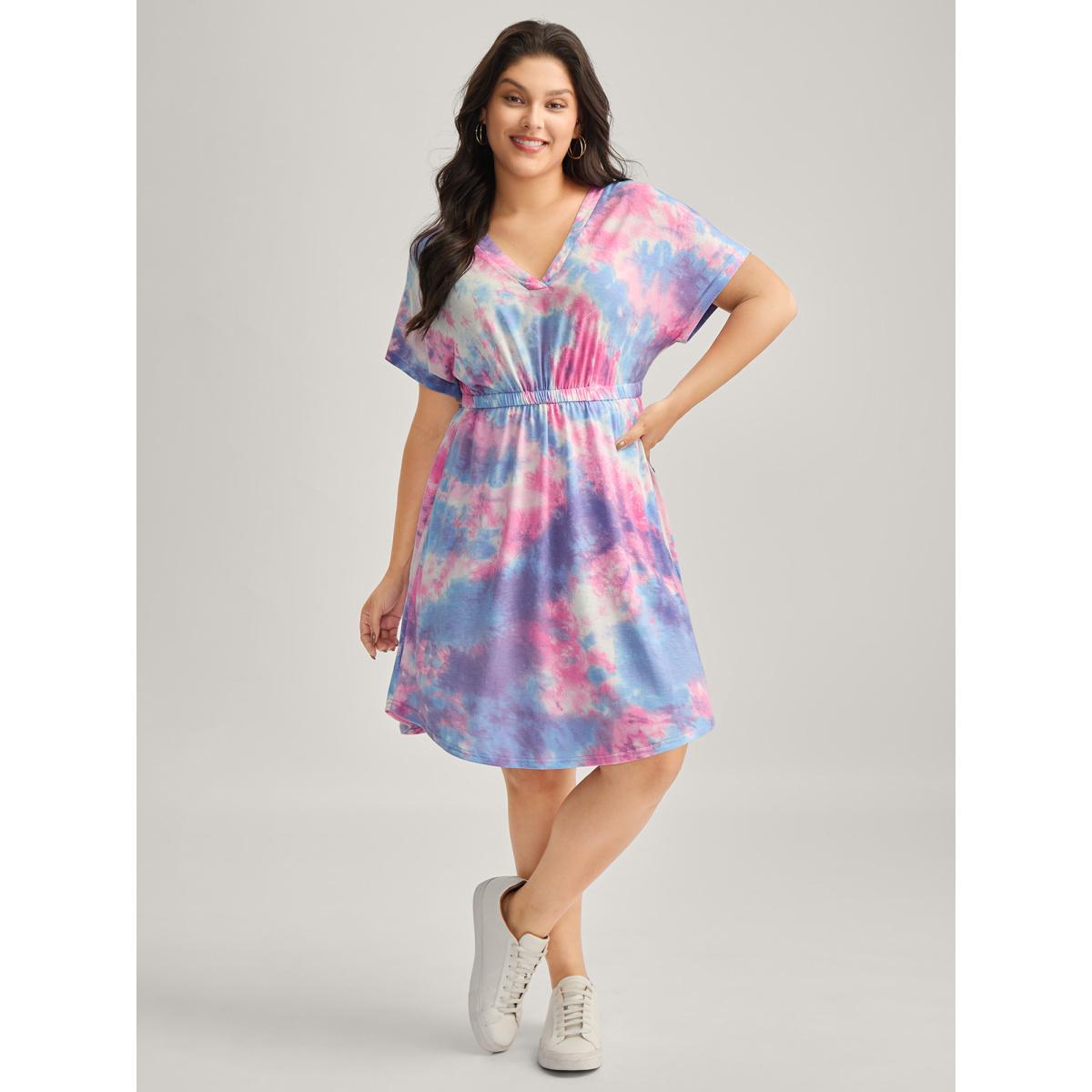 Plus Size Tie-Dye Curvy Hem V-Neck Midi Dress Multicolor Women Playful V-neck Short sleeve Curvy BloomChic 22-24/3X Product Image