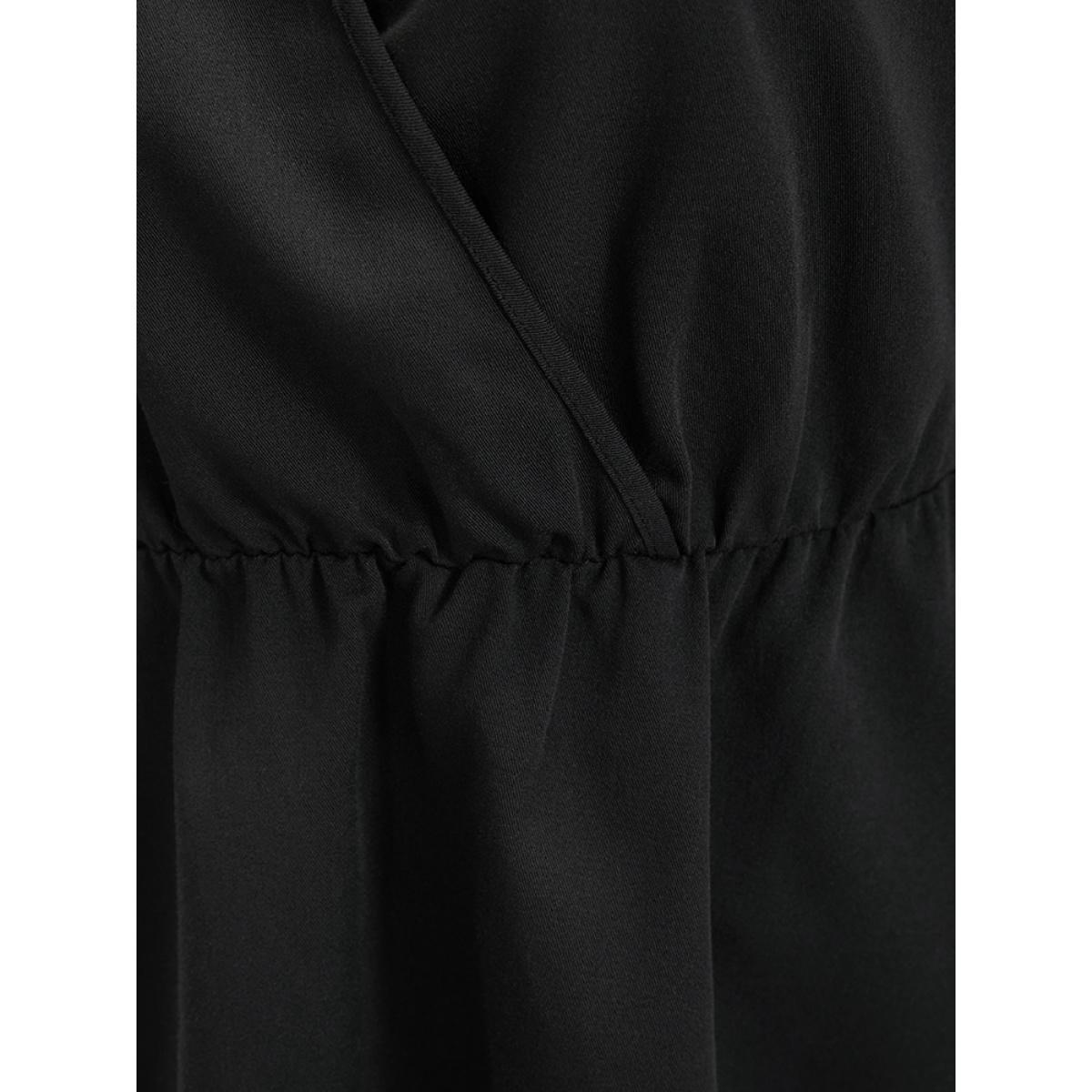 Plus Size Black Solid Lantern Sleeve Keyhole Round Neck Ruffle Blouse Women Elegant Long Sleeve Round Neck Dailywear Blouses BloomChic 12/L Product Image