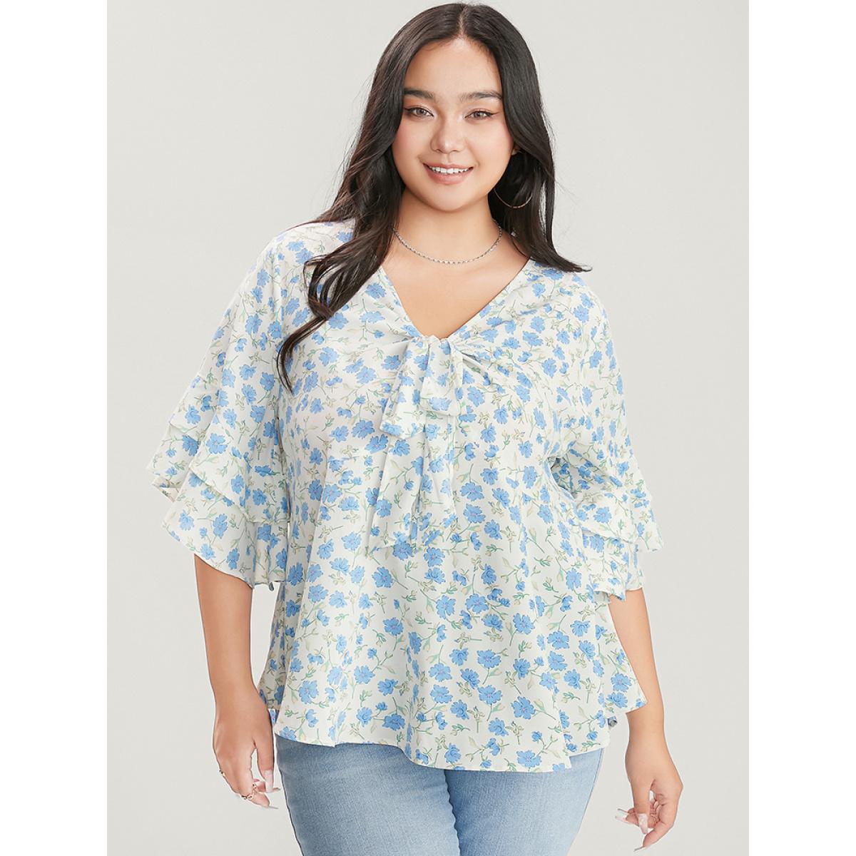 Plus Size White Floral Printed Knotted Front V Neck Ruffle Sleeve Blouse Women Elegant Elbow-length sleeve V-neck Dailywear Blouses BloomChic 26/4X Product Image