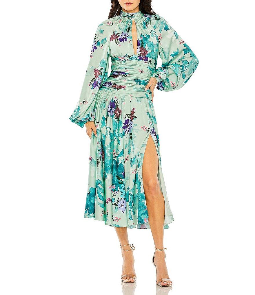 Mac Duggal Keyhole Neck Long Sleeve Ruched Waist Floral Satin Midi Dress Product Image
