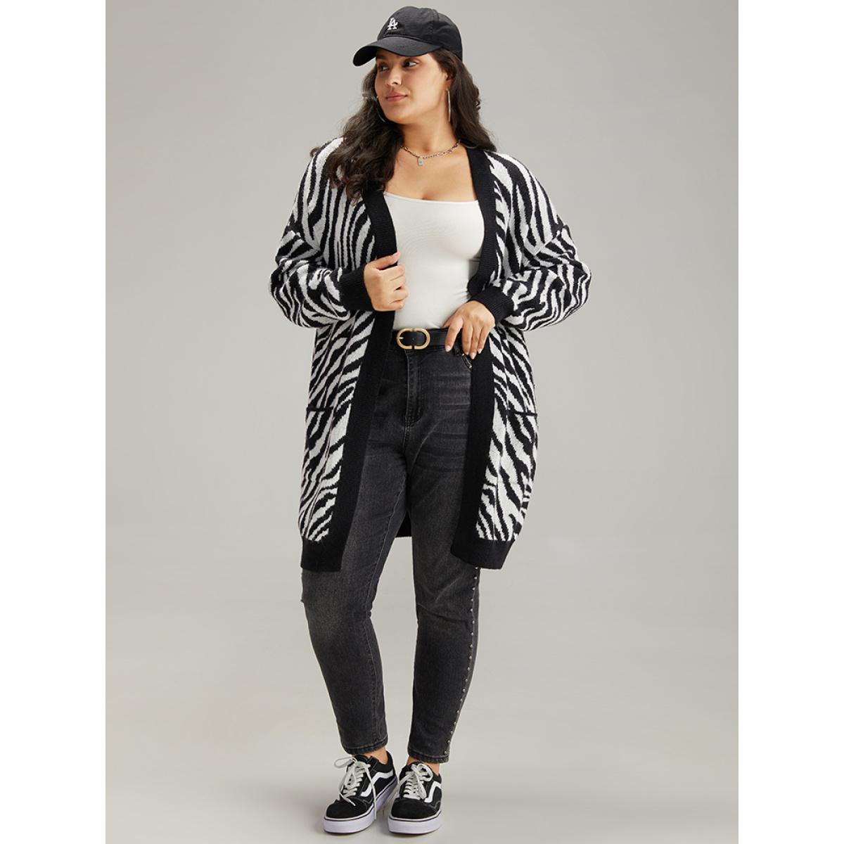 Plus Size Supersoft Essentials Zebra Print Patched Pocket Cardigan Black Women Casual Loose Long Sleeve Dailywear Cardigans BloomChic 28/5X Product Image