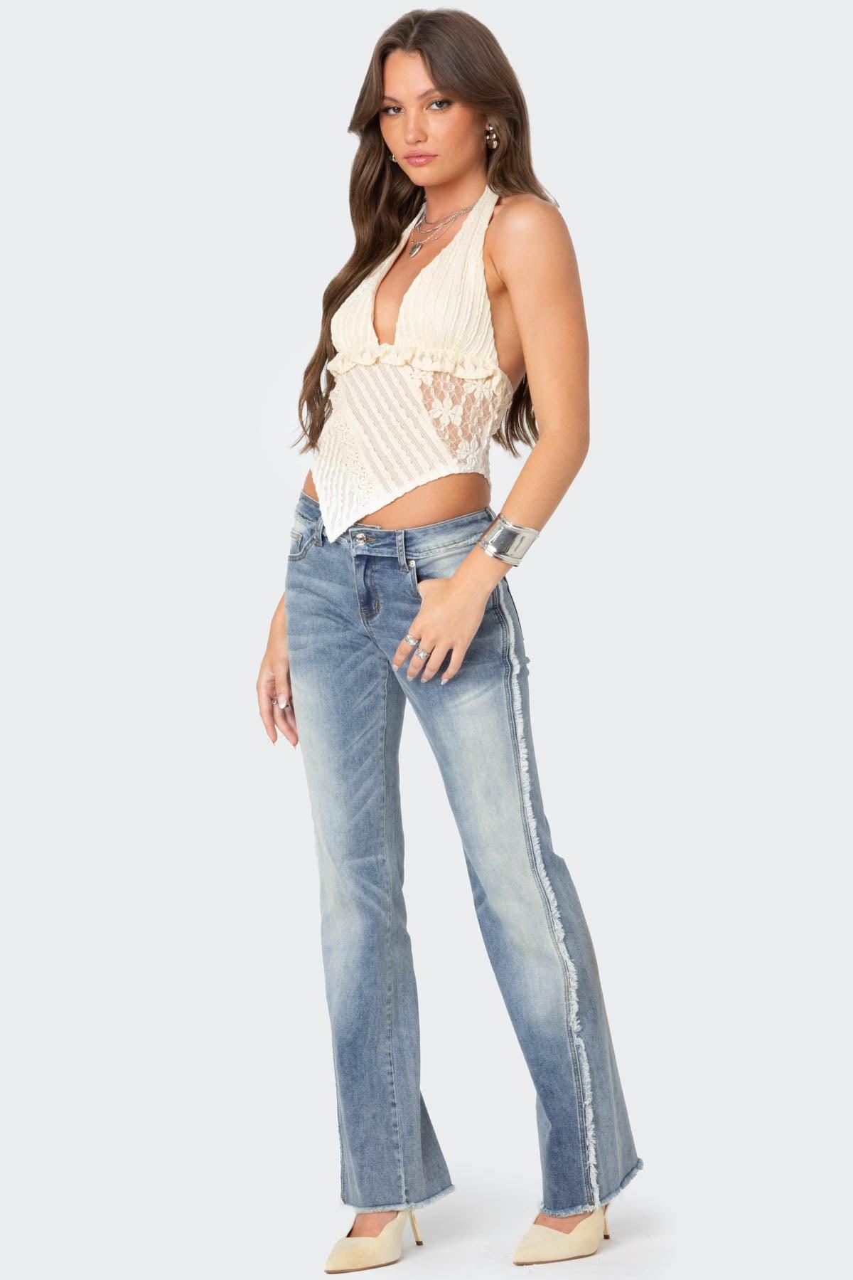 Frayed Seam Washed Low Rise Straight Leg Jeans Product Image