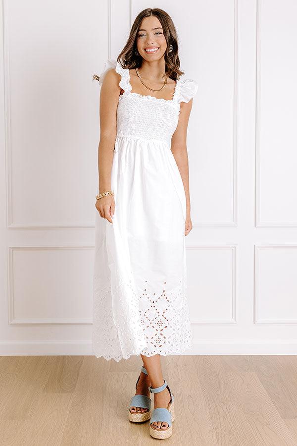 Call It Serendipity Smocked Eyelet Midi Dress in White Product Image