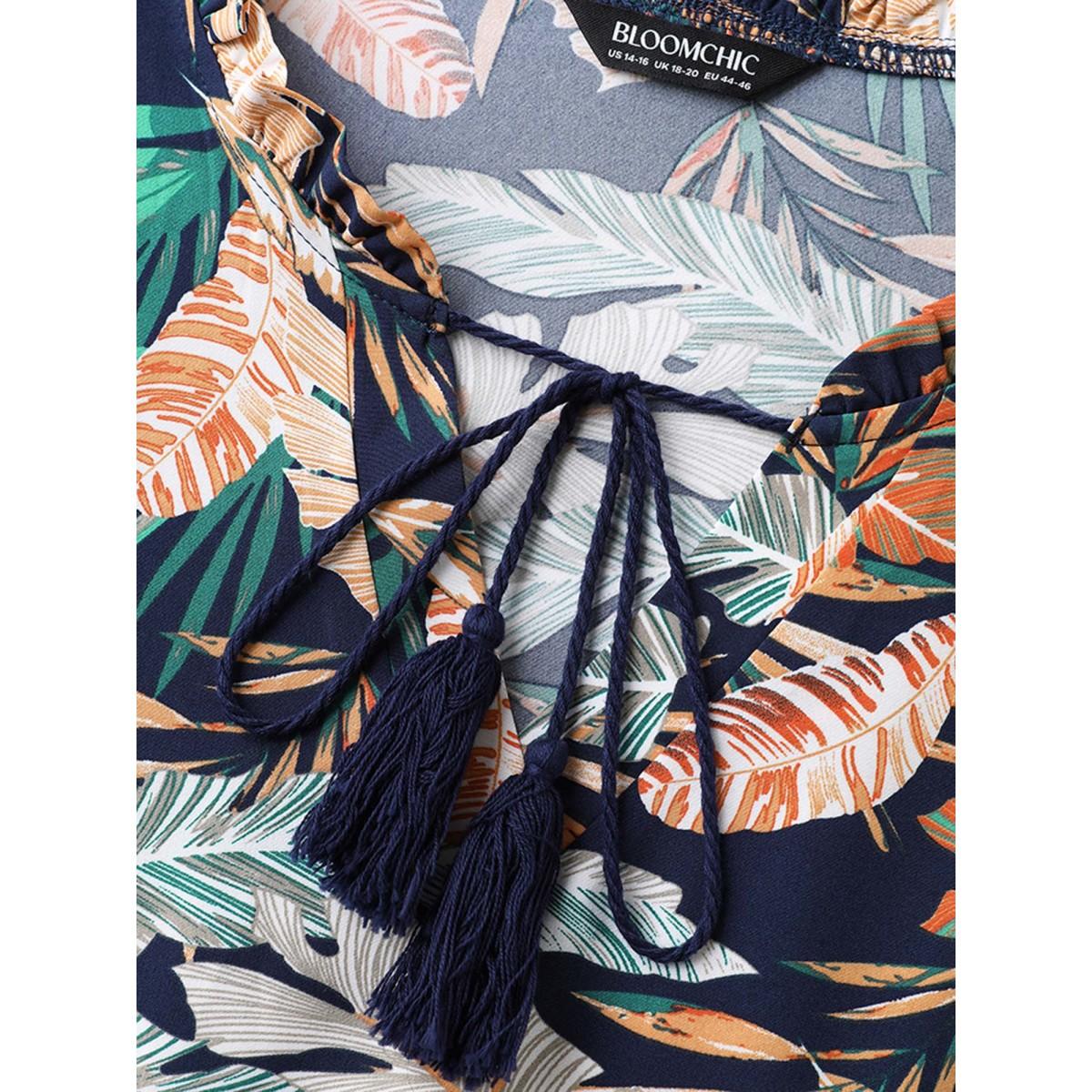 Plus Size Tropical Leaf Print Lace Stretchy Midi Dress Indigo Women Flat collar with V-notch Elbow-length sleeve Curvy BloomChic 10/M Product Image