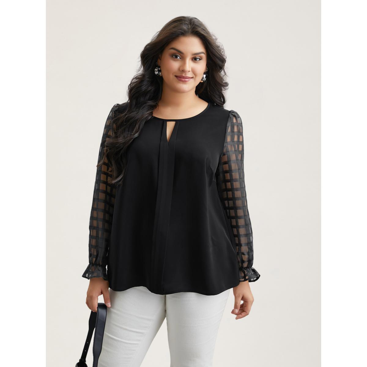 Plus Size Black Sheer Textured Sleeve Neck Cut-Out Shirt Women Office Long Sleeve Round Neck Office Blouses BloomChic 22-24/3X Product Image