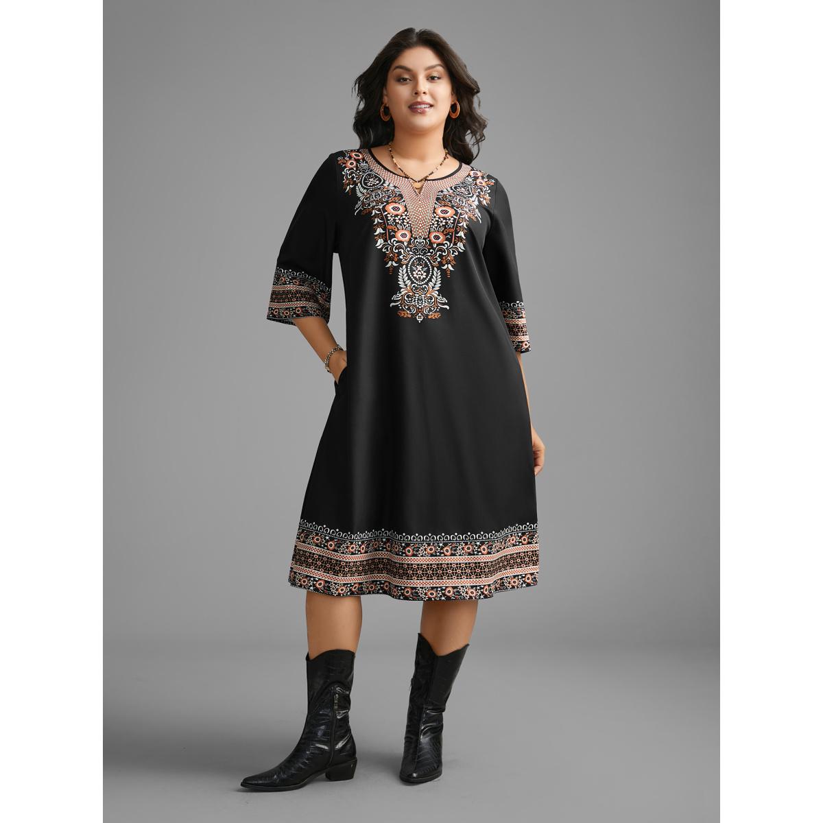Plus Size Notched Collar Boho Print Pocket Dress BlackFlower Women Resort Non Notched collar Elbow-length sleeve Curvy BloomChic 22-24/3X Product Image