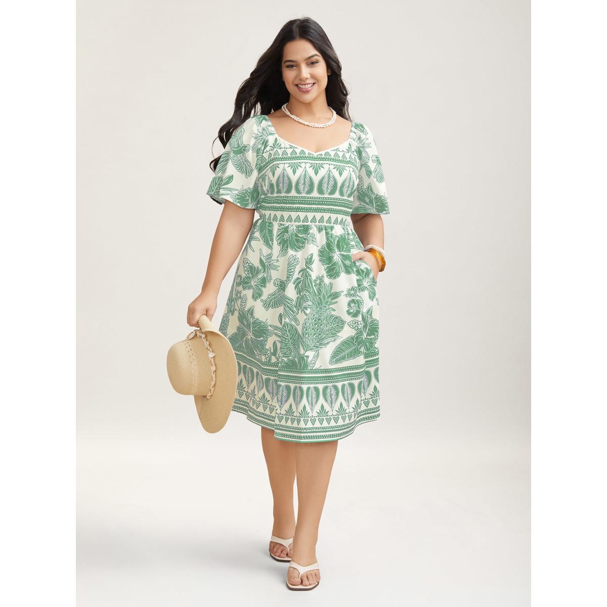 Plus Size Boho Print Fit Flare Pockets Midi Dress Mint Women Resort Non Heart neckline Short sleeve Curvy BloomChic 28/5X Product Image