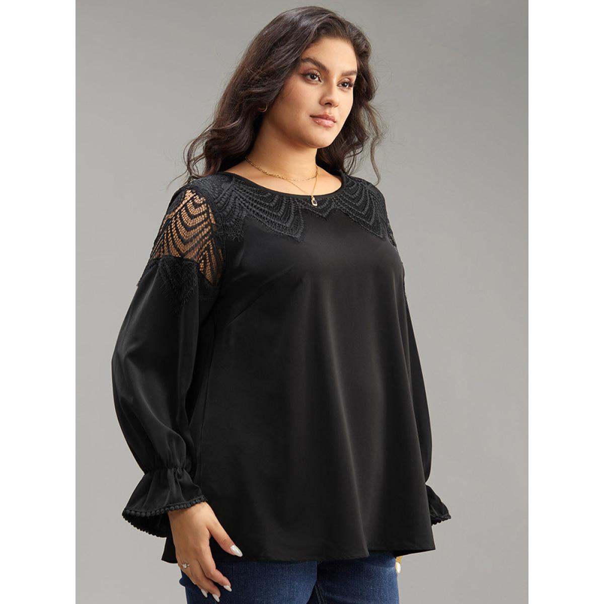Plus Size Black Anti-Wrinkle Solid Lace Panel Lantern Sleeve Blouse Women Elegant Long Sleeve Round Neck Dailywear Blouses BloomChic 26/4X Product Image