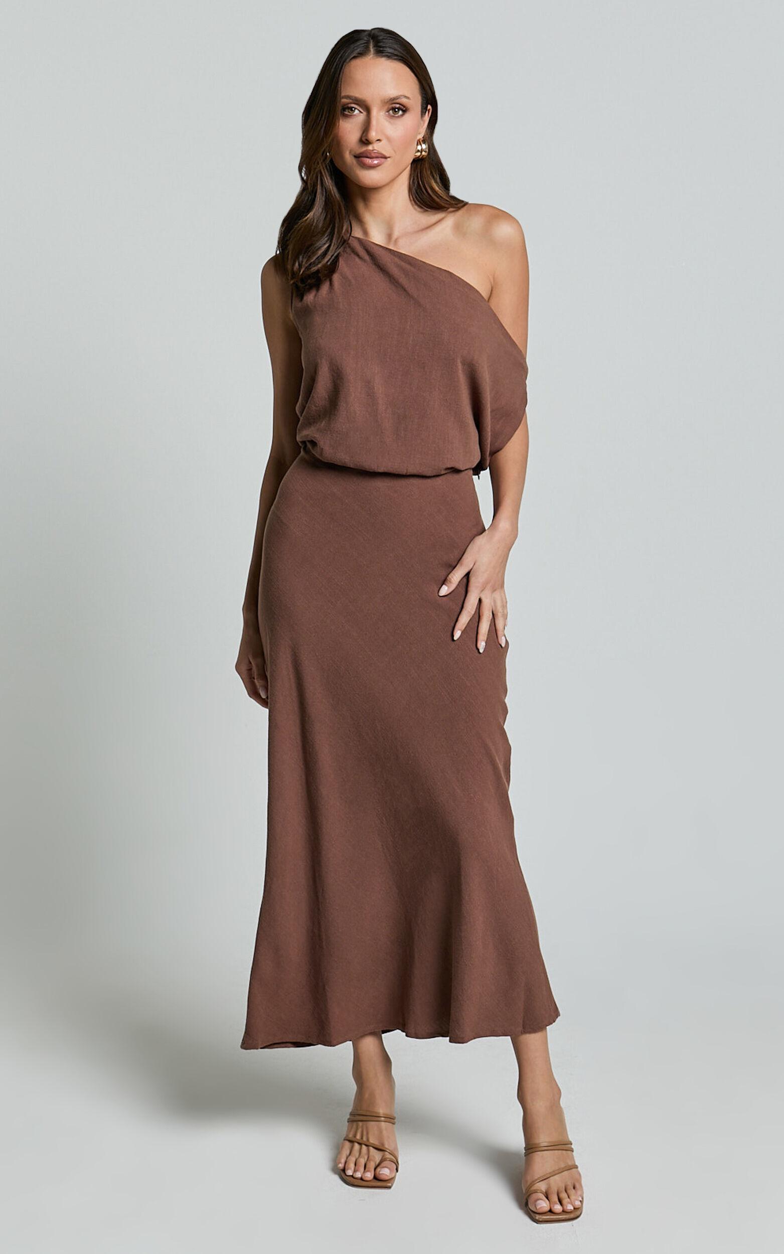 Jacqueline Midi Dress - Linen One Shoulder Dress in Chocolate Product Image