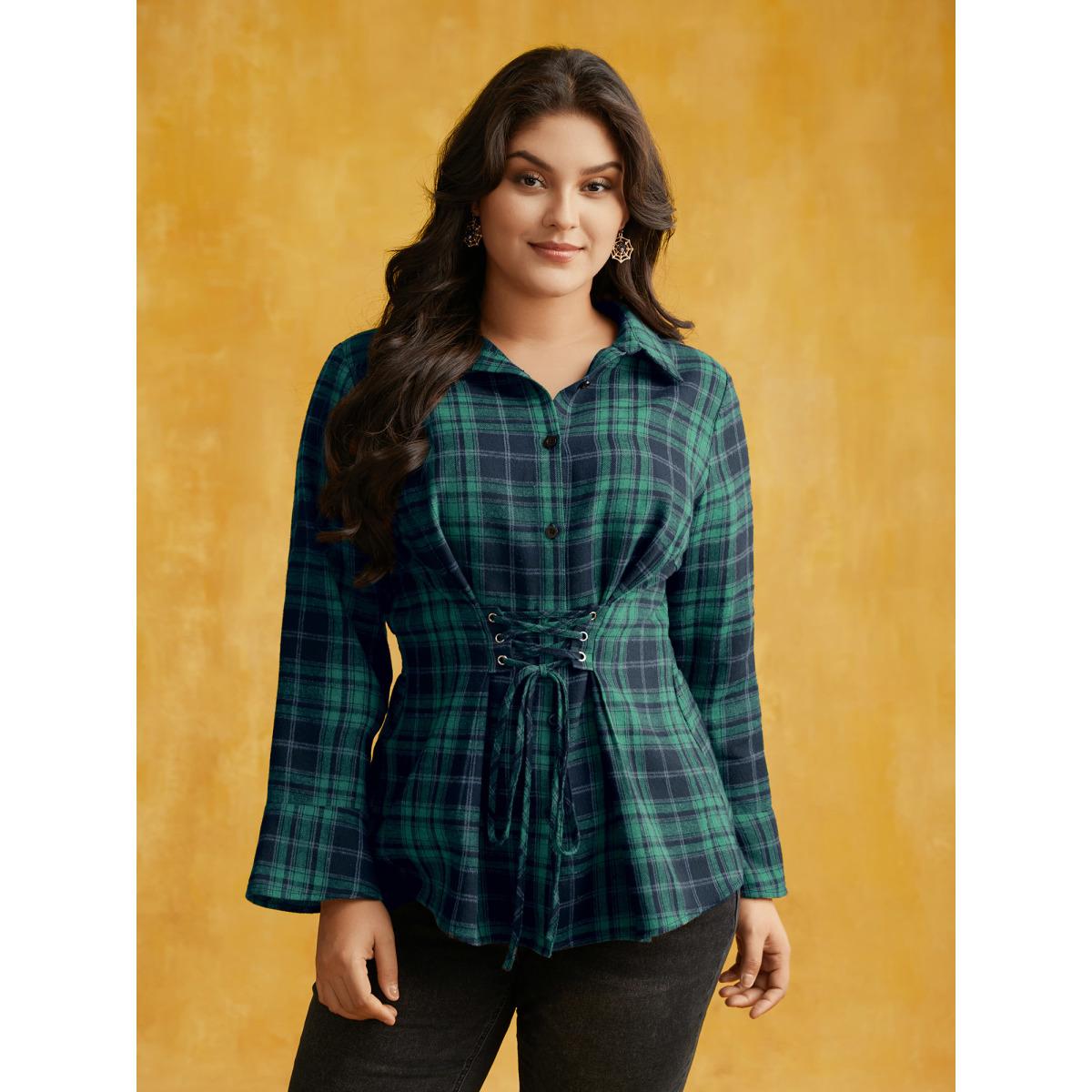 Plus Size Emerald Corset Plaid Waist-Cinching Blouse Women Elegant Long Sleeve Shirt collar Everyday Blouses BloomChic 26/4X Product Image