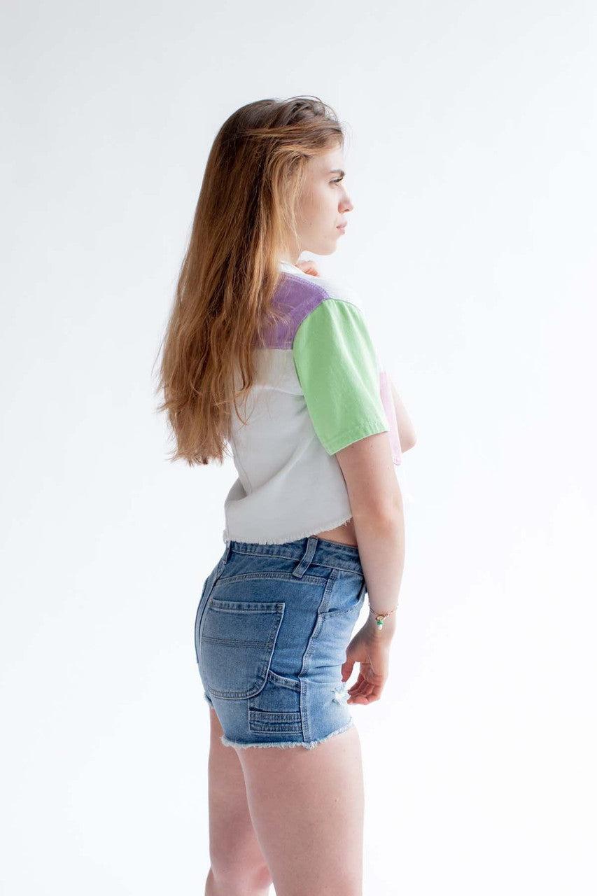 White Color Block Cropped Denim Shacket Product Image