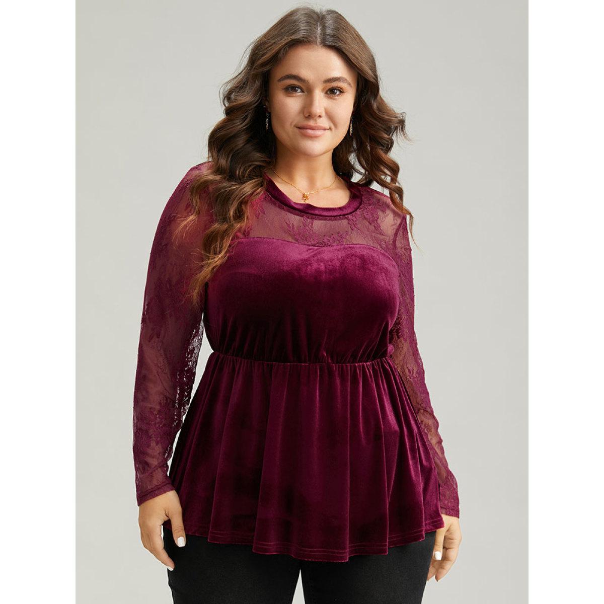 Plus Size Burgundy Velvet Patchwork Mesh Guipure Lace Gathered Blouse Women Elegant Long Sleeve Round Neck Festival-Christmas Blouses BloomChic 28/5X Product Image