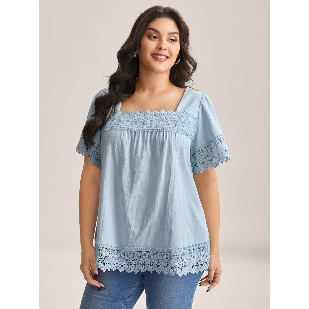 Plus Size LightBlue Lace Trim Spliced Solid Blouse Women Romantic Short sleeve Square Neck Elegant Blouses BloomChic 18-20/2X Product Image