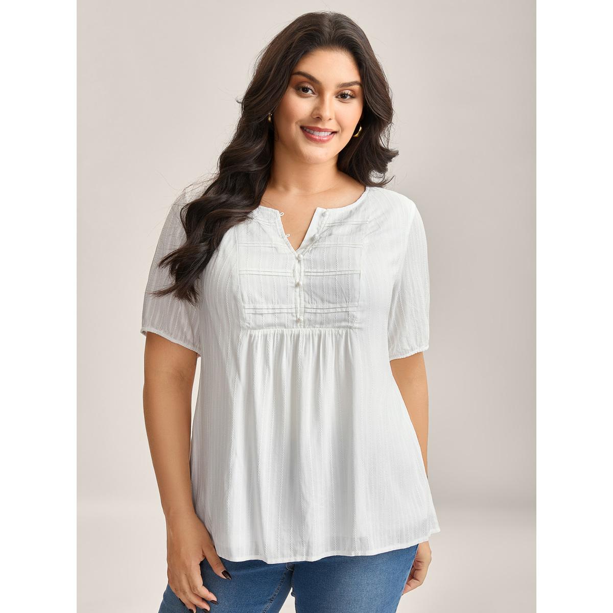 Plus Size Opticwhite Textured Pleated Bodice Plain Blouse Women Elbow-length sleeve Round Neck Everyday-Elegant Blouses BloomChic 22-24/3X Product Image