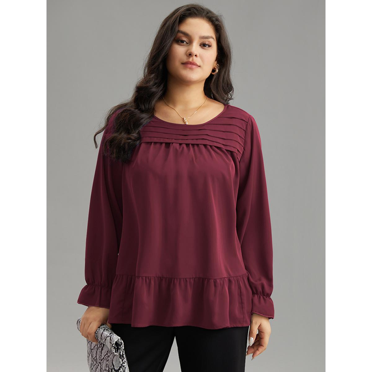 Plus Size Scarlet Static-Free Plain Pleated Ruffles Lantern Sleeve Blouse Women Office Long Sleeve Round Neck Work Blouses BloomChic 22-24/3X Product Image
