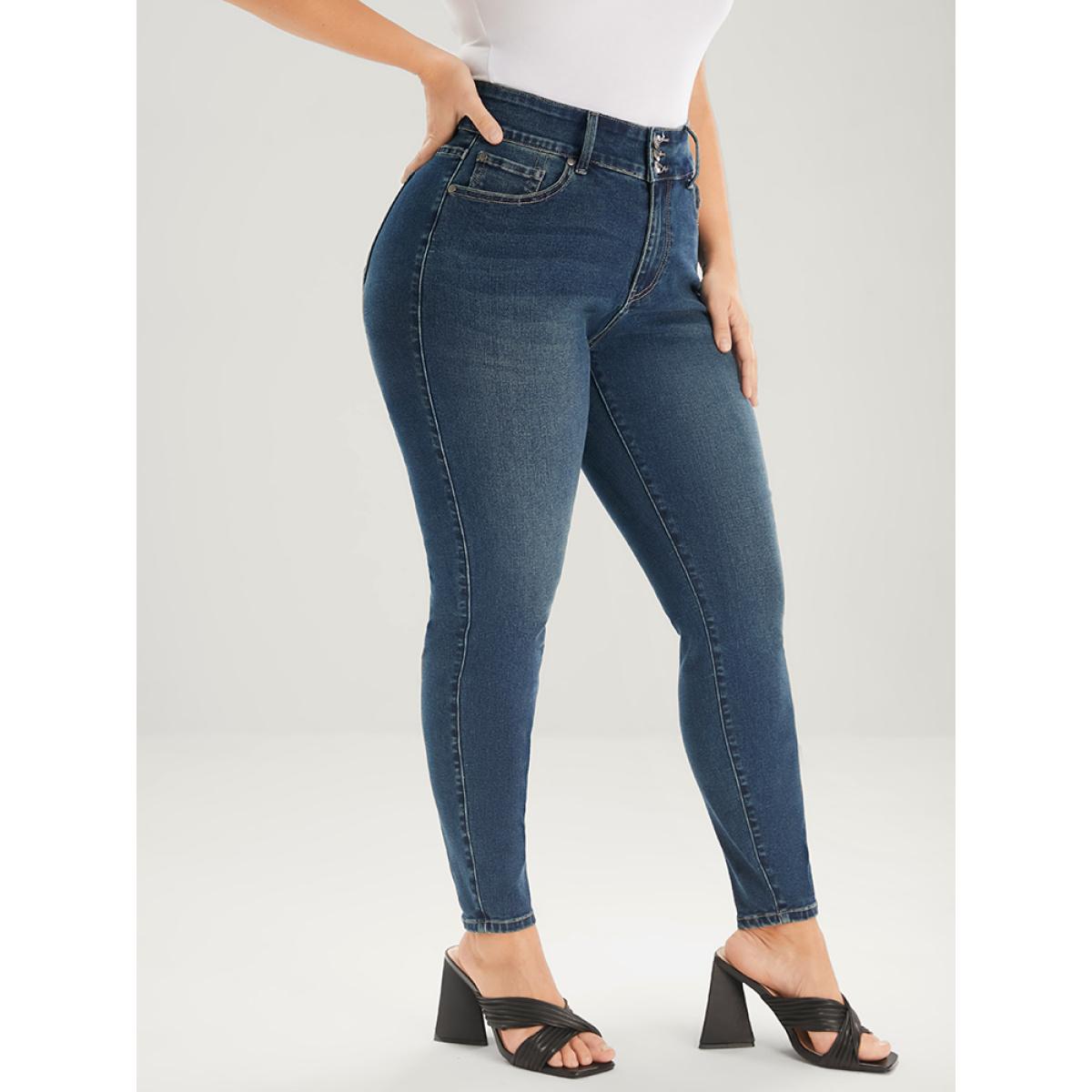 Plus Size Skinny Very Stretchy Mid Rise Dark Wash Sculpt Waist Jeans Women DarkBlue Casual Plain Tummy control High stretch Pocket Jeans BloomChic 24/3X Product Image