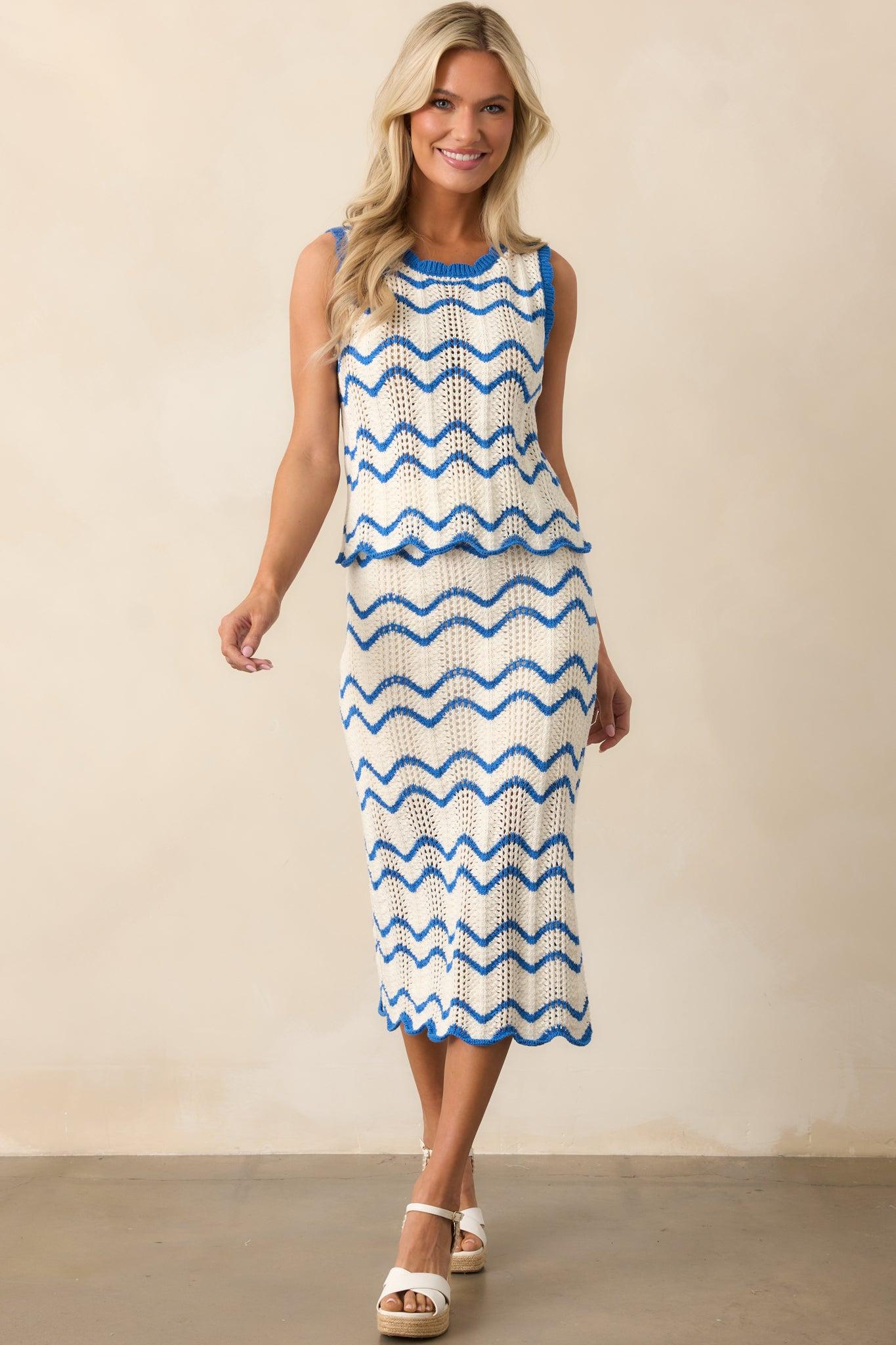 Sea La Vie Blue Stripe Crochet Knit Midi Skirt Product Image