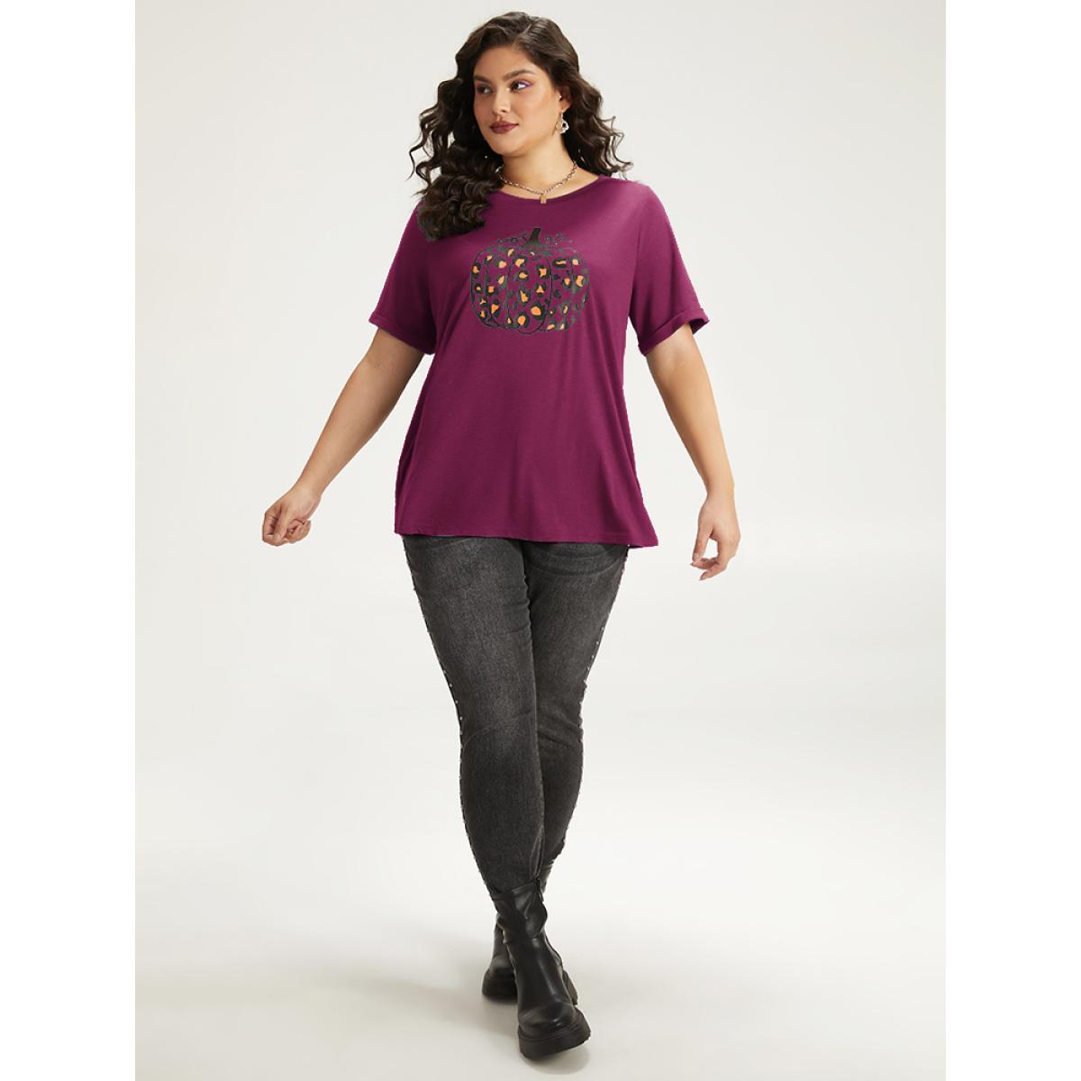 Plus Size Halloween Pumpkin Print Crew Neck T-shirt Crimson Women Casual Printed Halloween Dailywear T-shirts BloomChic 12/L Product Image