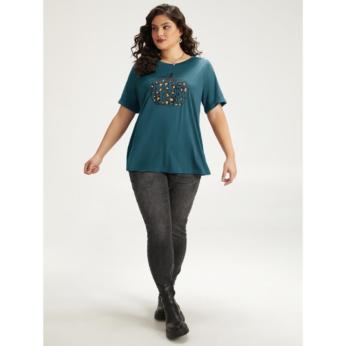 Plus Size Halloween Pumpkin Print Crew Neck T-shirt Indigo Women Casual Printed Halloween Dailywear T-shirts BloomChic 26/4X Product Image