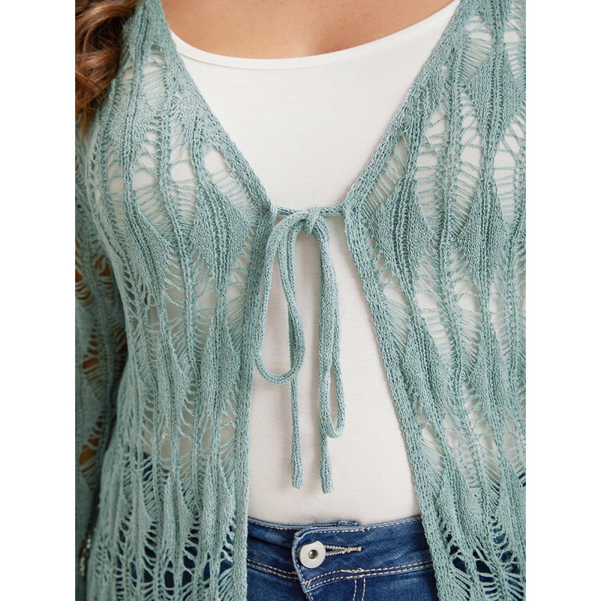 Plus Size Solid Tie Front Hollow Out Cardigan Stone Women Casual Loose Long Sleeve Everyday Cardigans BloomChic 12/L Product Image