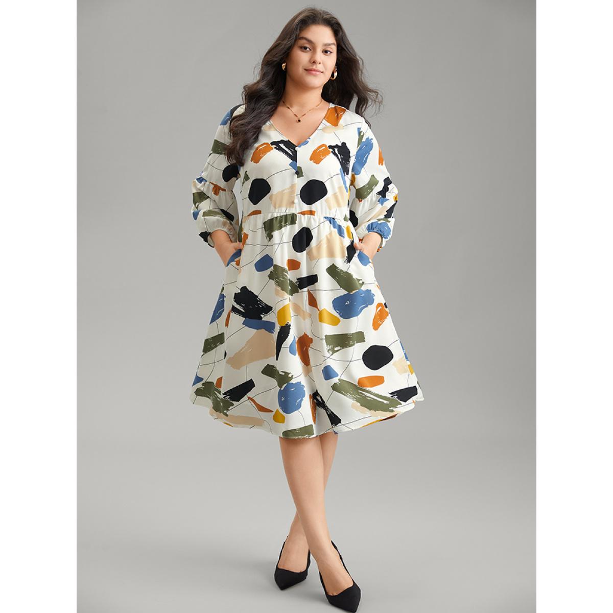 Plus Size Colored Brush Print Pocket Button Detail Dress Ivory Women At the Office Elastic cuffs V-neck Long Sleeve Curvy Midi Dress BloomChic 10/M Product Image