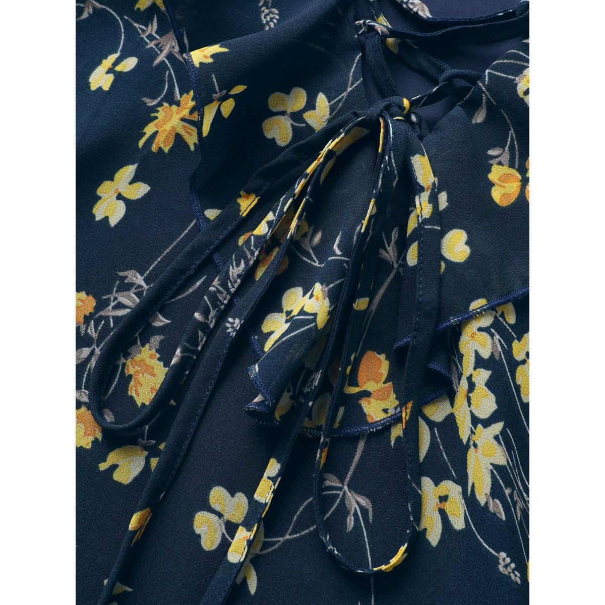 Plus Size Floral Print Ruffle Trim Lace Up Tank Top Women DarkBlue Elegant Tie knot Lace collar Everyday Tank Tops Camis BloomChic 12/L Product Image