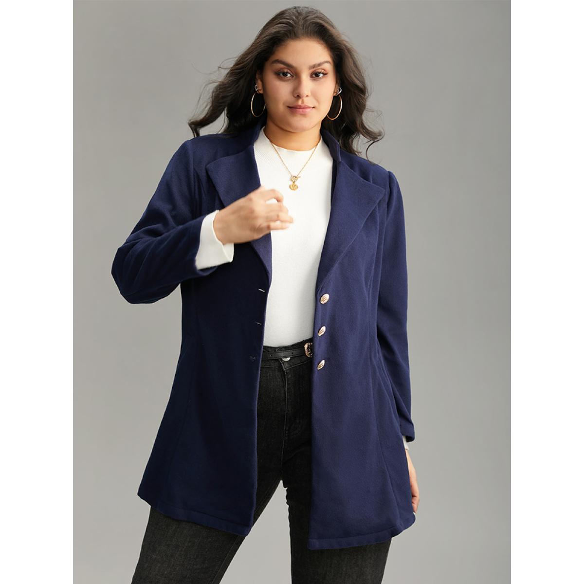 Plus Size Solid Metal Detail Lapel Collar Coat Women DarkBlue Casual Plain Ladies Dailywear Winter Coats BloomChic 18-20/2X Product Image
