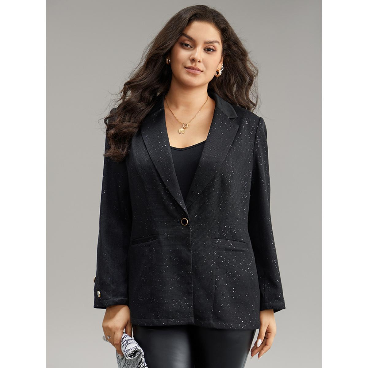 Plus Size Glitter Suit Collar Button Detail Blazer Black Women Work Plain Plain Sleeve Long Sleeve Suit Collar 22-24/3X Pocket At the Office Blazers BloomChic Product Image