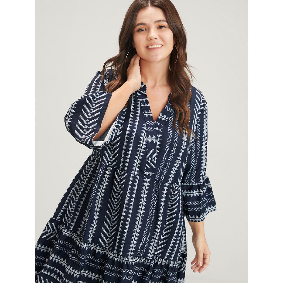 Plus Size Bloom Dress -Geometric Pocket Ruffles V Neck Knee Dress DarkBlue Women Vacation Pocket V-neck Elbow-length sleeve Curvy Knee Dress BloomChic 10/M Product Image