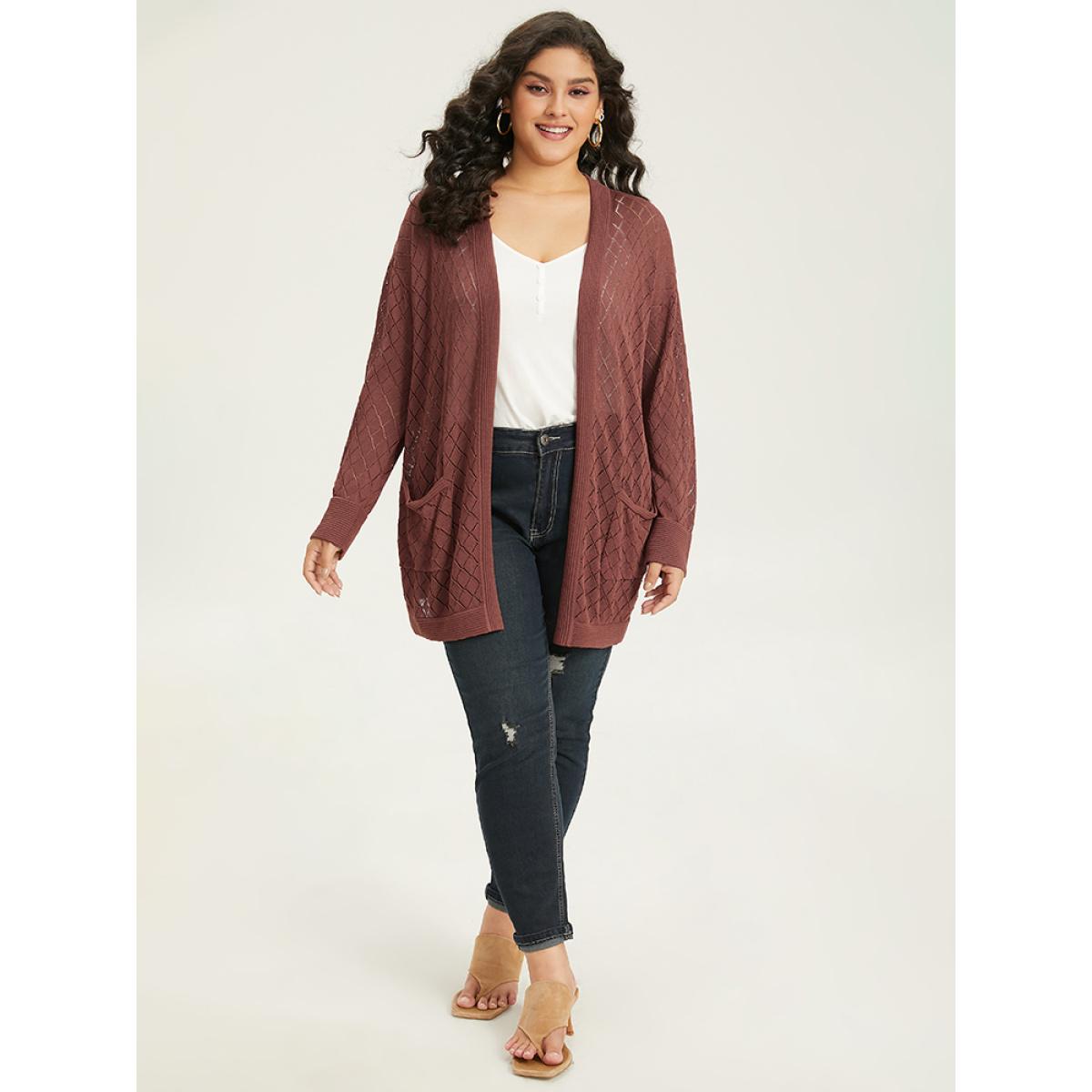 Plus Size Plain Geometric Hollow Out Pocket Cardigan Rust Women Casual Loose Long Sleeve Everyday Cardigans BloomChic 28/5X Product Image