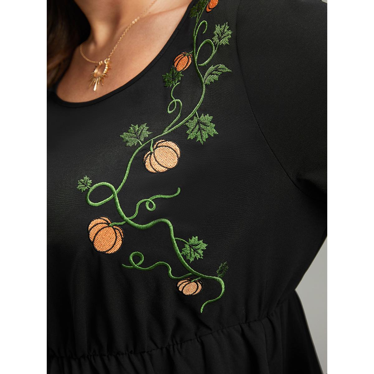 Plus Size Halloween Pumpkin Embroidered Pocket Dress Black Women Casual Embroidered Round Neck Long Sleeve Curvy Midi Dress BloomChic 14-16/1X Product Image