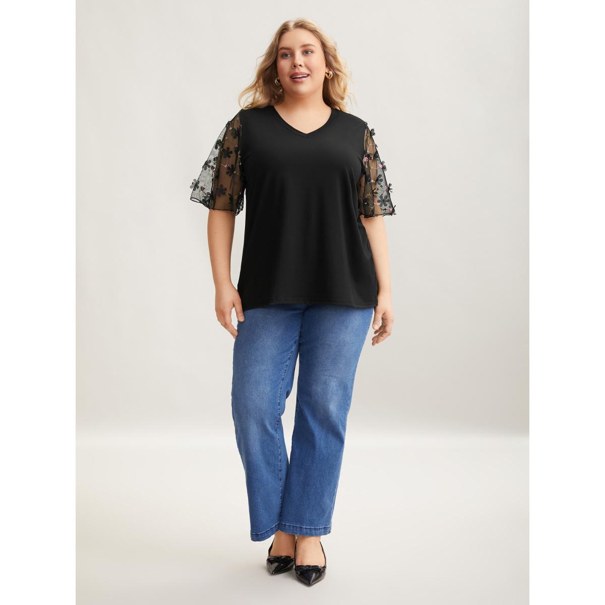Plus Size Sheer Mesh Sleeve Stretchy T-Shirt Black Women Elegant See through V-neck Everyday T-shirts BloomChic 12/L Product Image
