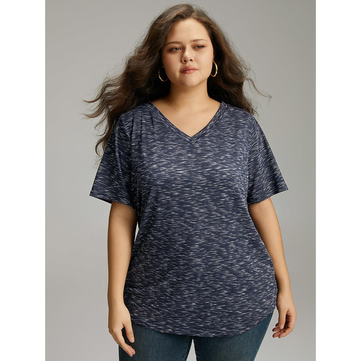 Plus Size Heather Split Side Basic T-shirt Indigo Women Casual Texture Plain V-neck Dailywear T-shirts BloomChic 26/4X Product Image