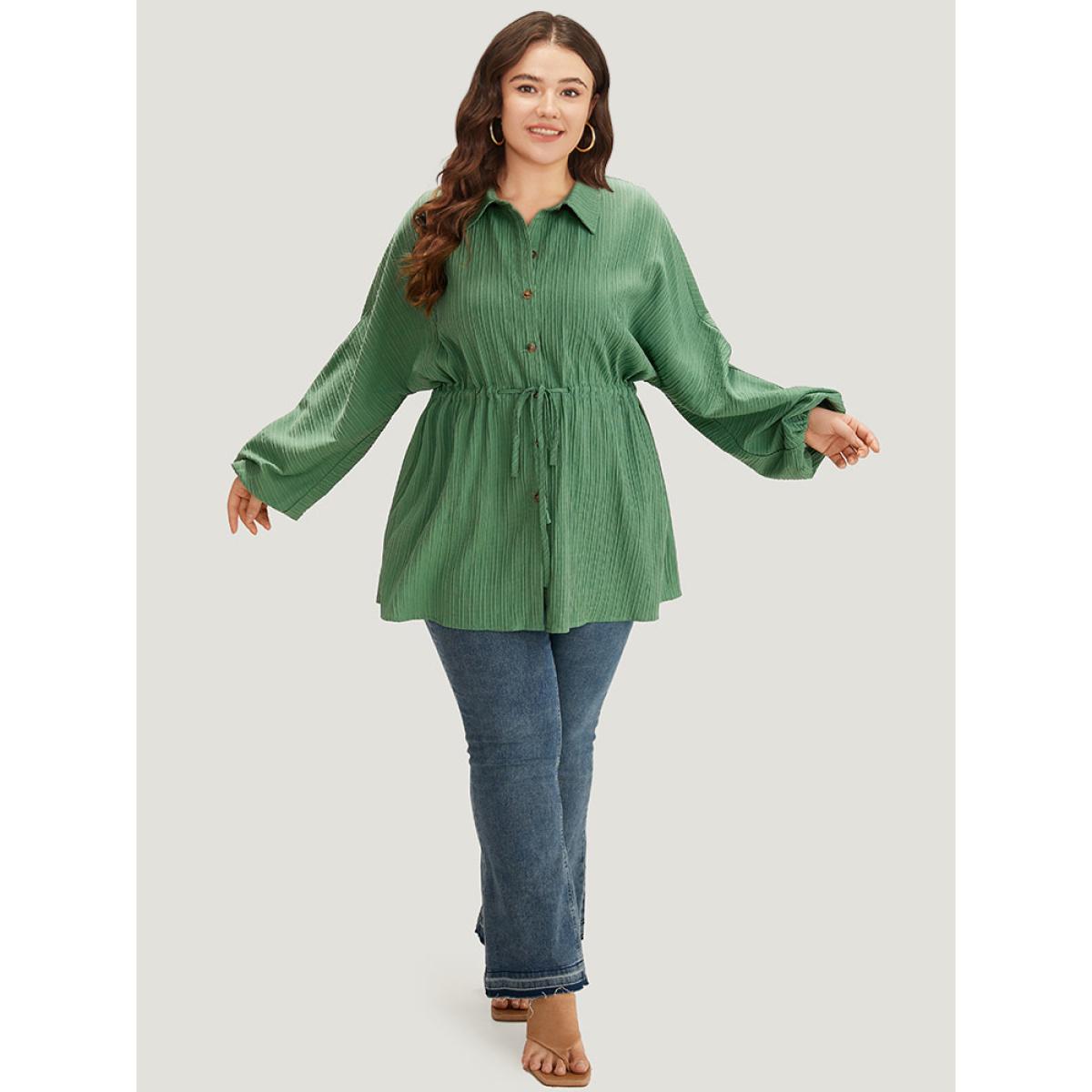 Plus Size Plain Shirt Collar Drawstring Button Through Lantern Sleeve Coat Women Emerald Casual Elastic cuffs Ladies Dailywear Winter Coats BloomChic 28/5X Product Image