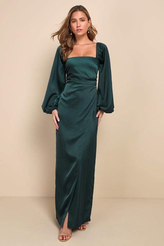 Eternal Heart Emerald Green Satin Long Sleeve Maxi Dress Product Image