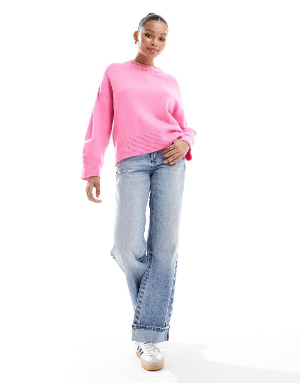 ASOS DESIGN boxy crew neck sweater in pink Product Image