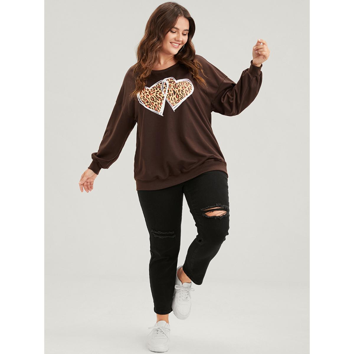 Plus Size Heart & Leopard Print Drop Shoulder Sweatshirt Women DarkBrown Casual Plain Round Neck Dailywear Sweatshirts BloomChic 10/M Product Image