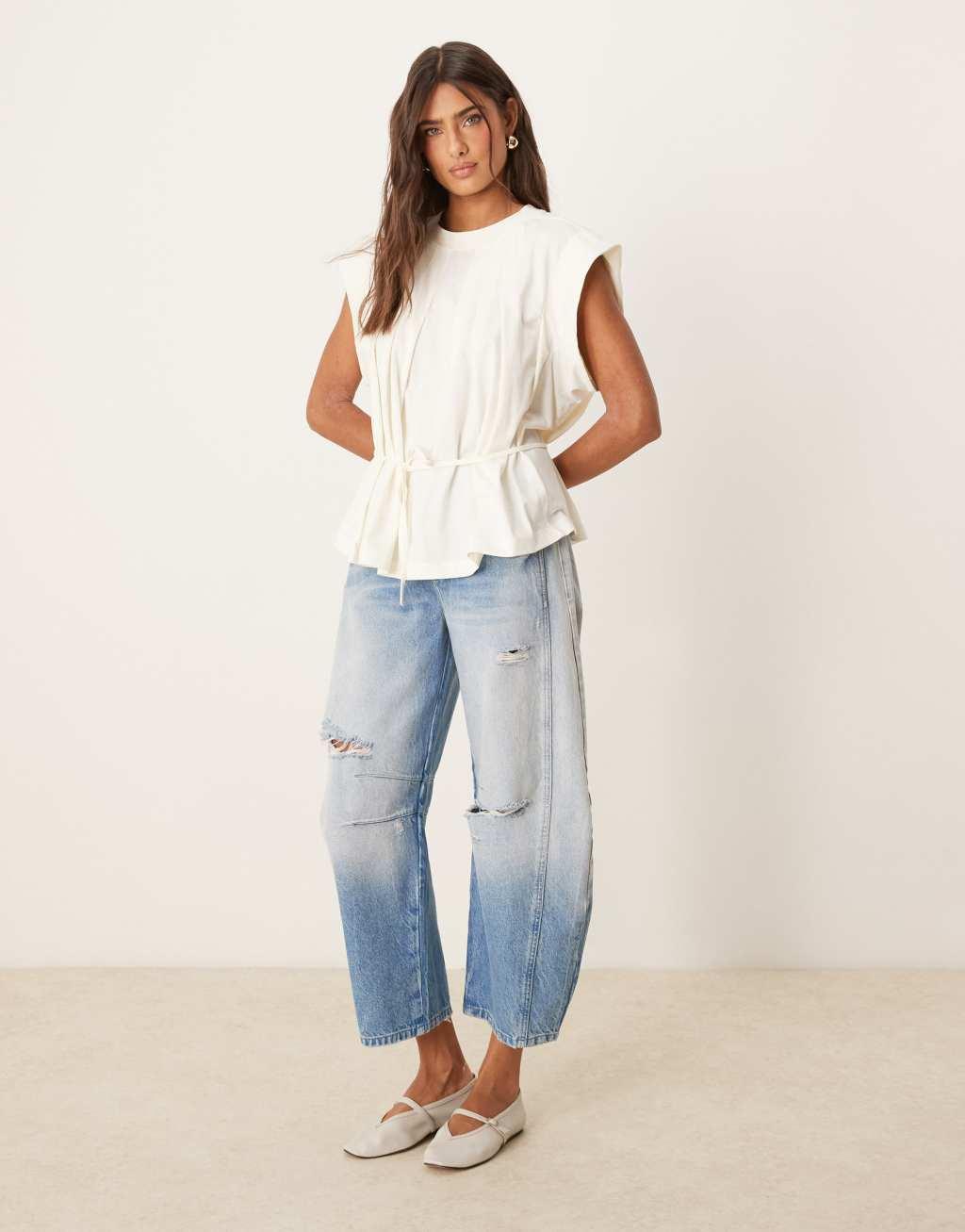 ASOS DESIGN trapeze t-shirt with tie waist in cream Product Image