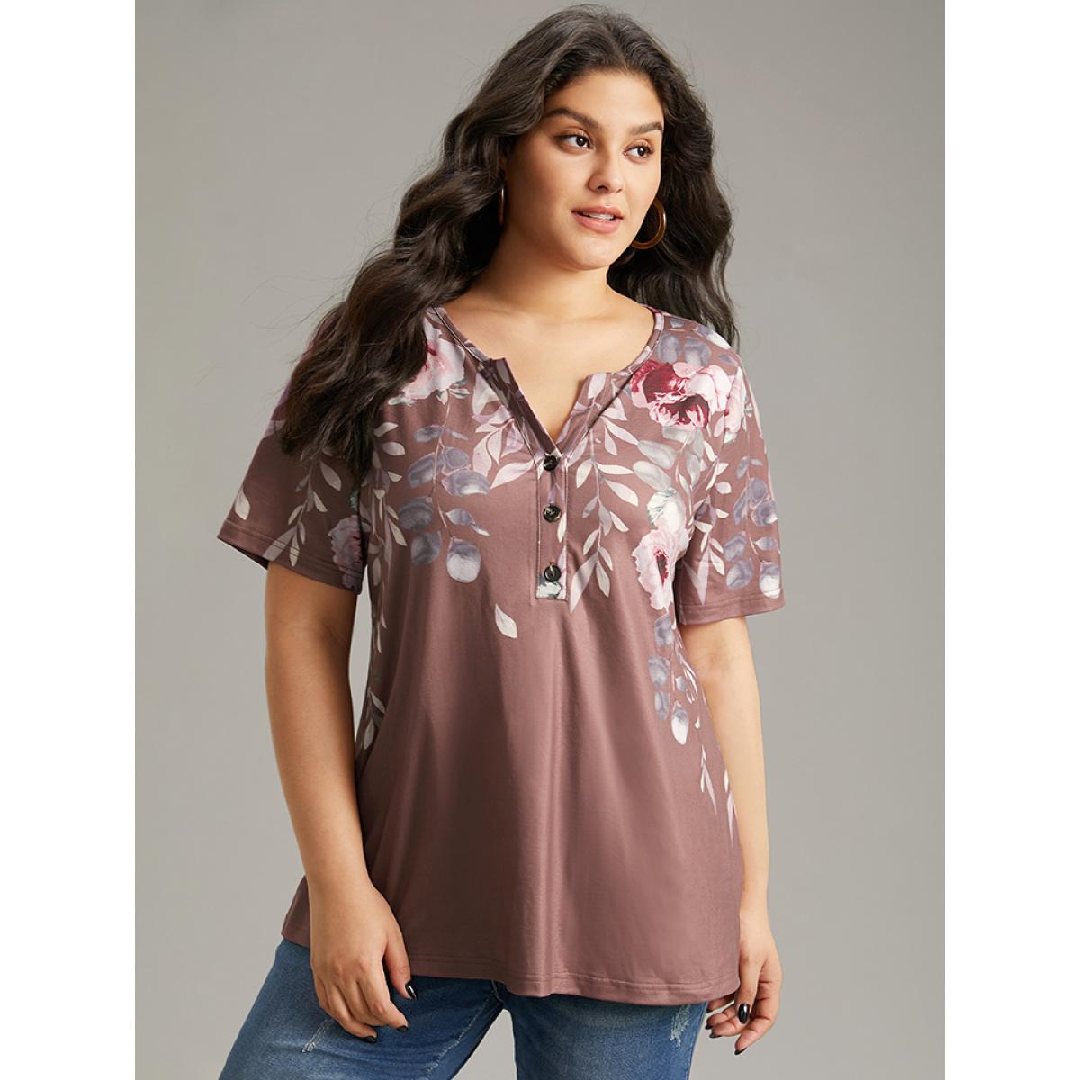 Plus Size Floral Print Notched Button Up T-shirt Multicolor Women Casual Printed Floral Open Front Dailywear T-shirts BloomChic 14-16/1X Product Image