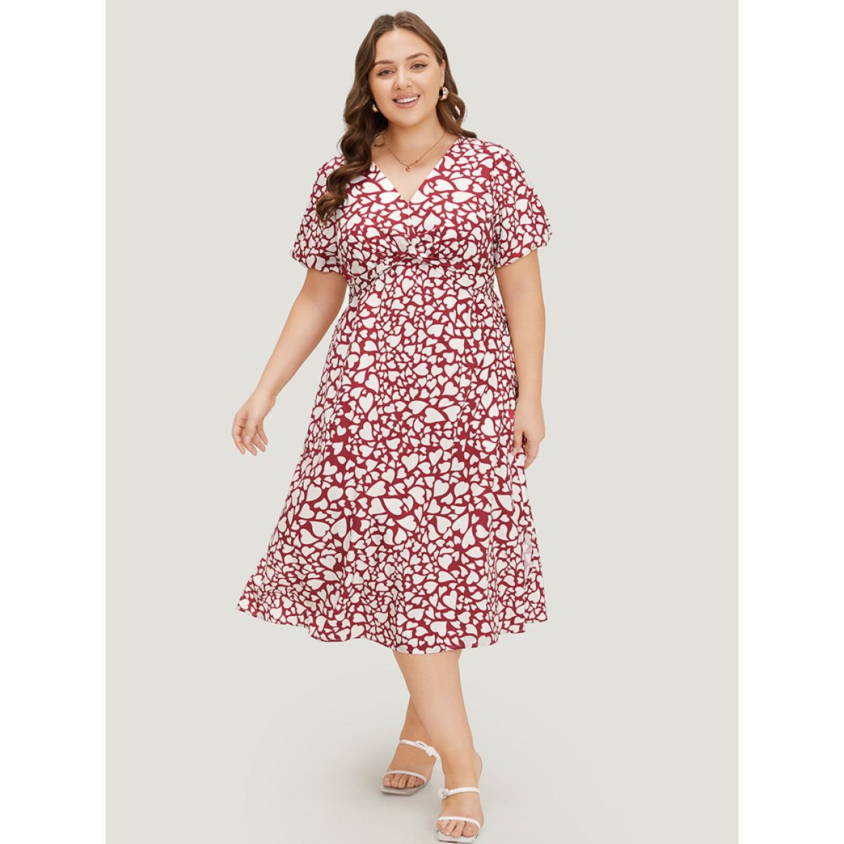 Plus Size Heart Print V Neck Crossover Pocket Dresse Red Women Elegant Slit V-neck Short sleeve Curvy Midi Dress BloomChic 18-20/2X Product Image