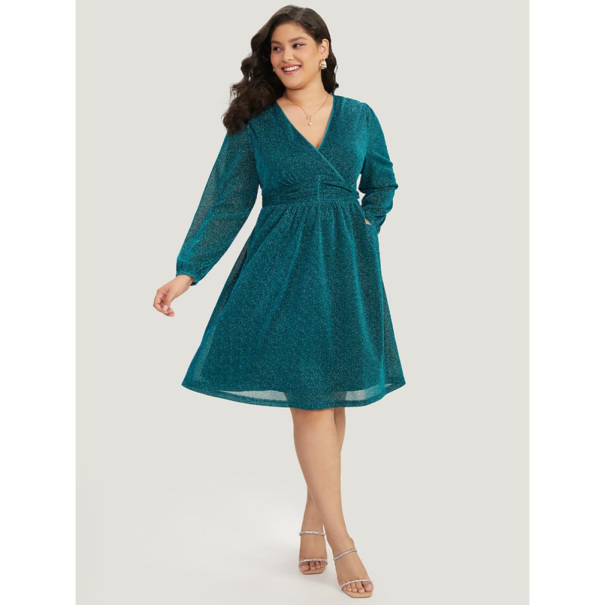Plus Size Glitter Overlap Collar Pocket Ruched Dress Teal Women Elegant Elastic cuffs V-neck Long Sleeve Curvy Midi Dress BloomChic 22-24/3X Product Image